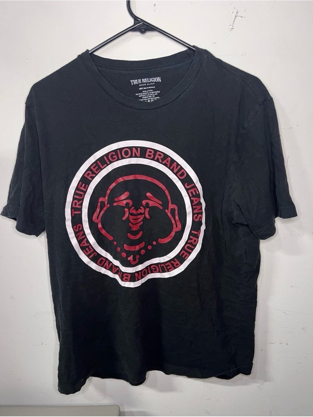 True Religion Black Tee with Red and White Logo Circle